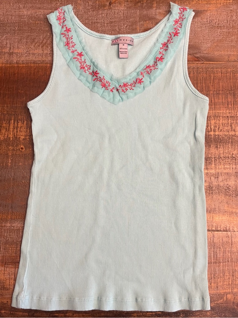 Vintage 100% Cotton Women’s Ribbed Stretchy Tank Top with floral embroidery